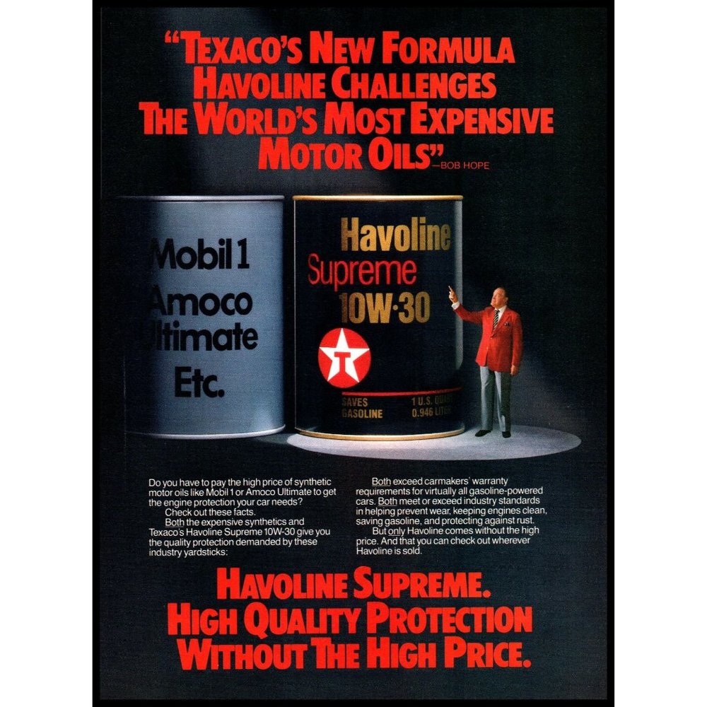1985 Texaco Havoline Motor Oil Vintage Print Ad Bob Hope Tin Can Wall Art Photo